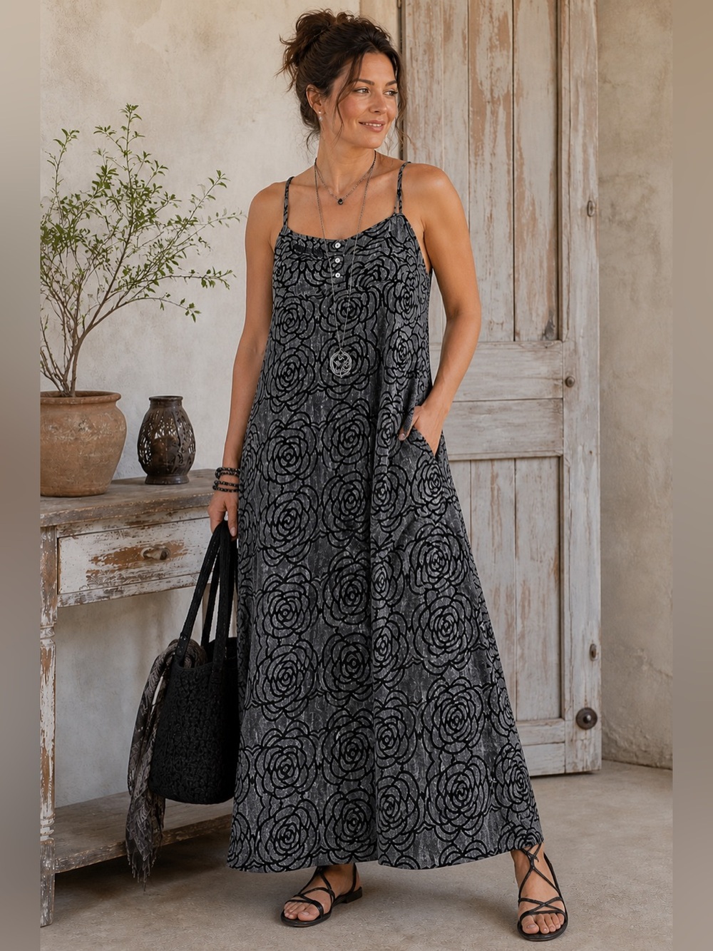 Flax Woman 100% Linen Lagenlook Coastal Rose Floral Print Midi Maxi Dress Size S